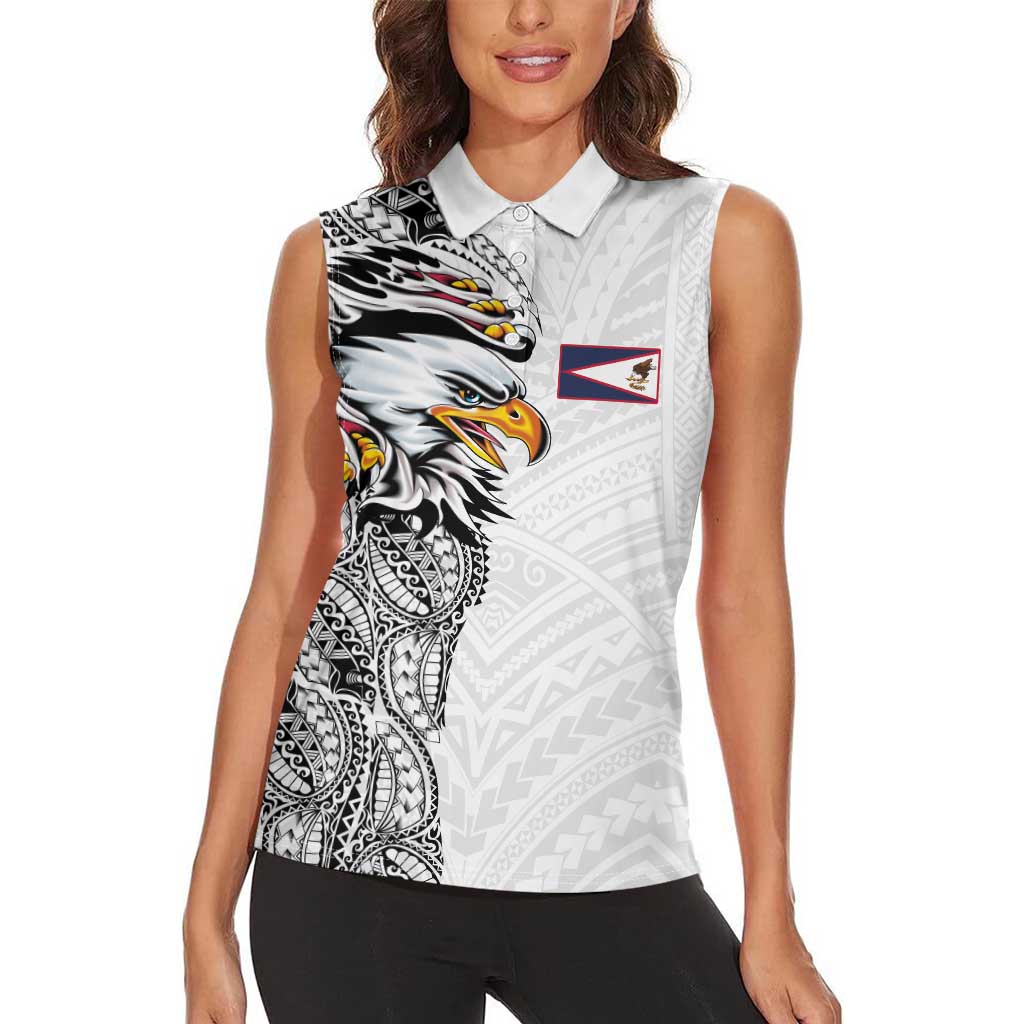 American Samoa Flag Day Women Sleeveless Polo Shirt Tribal Tattoo with Eagle White