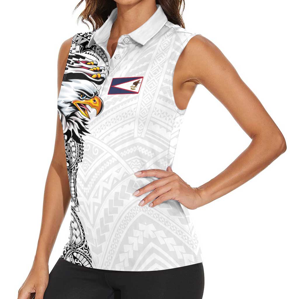 American Samoa Flag Day Women Sleeveless Polo Shirt Tribal Tattoo with Eagle White