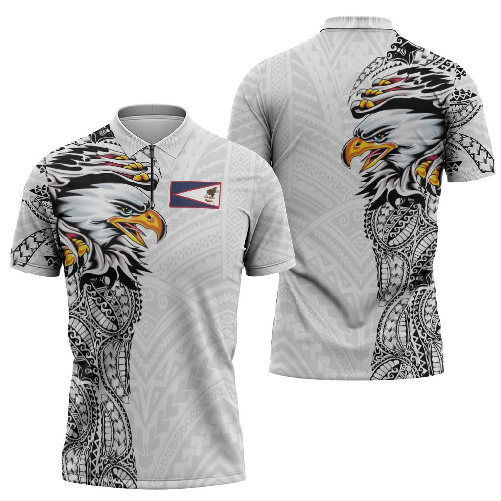 American Samoa Flag Day Zipper Polo Shirt Tribal Tattoo with Eagle White