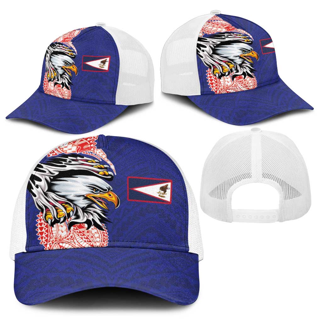 American Samoa Flag Day Baseball Net Cap Tribal Tattoo with Eagle Blue-Red