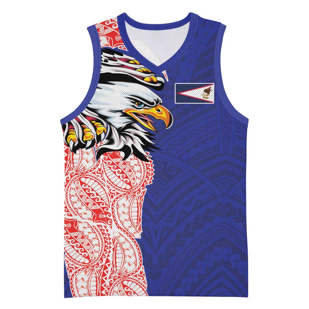 American Samoa Flag Day Basketball Jersey Tribal Tattoo with Eagle Blue-Red