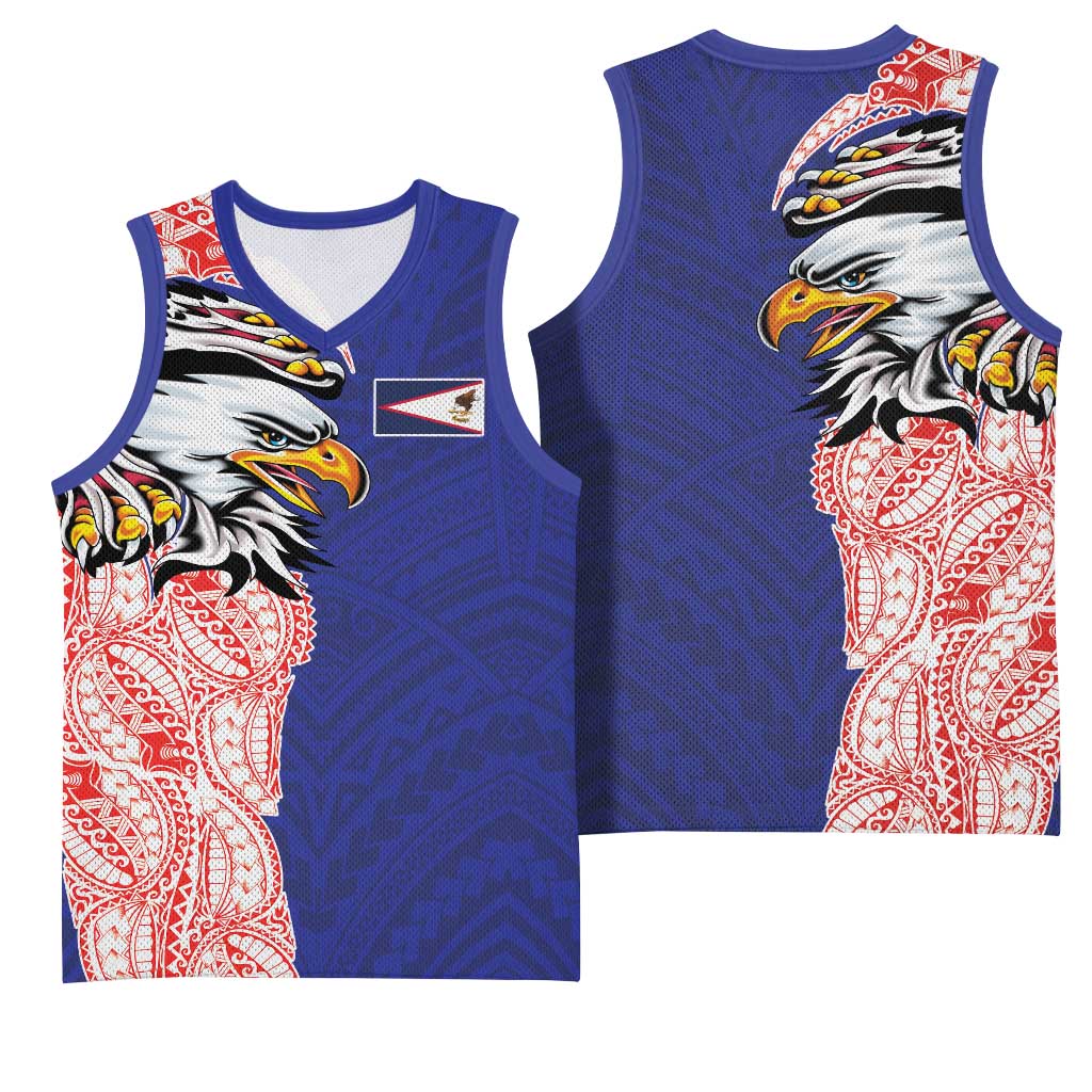 American Samoa Flag Day Basketball Jersey Tribal Tattoo with Eagle Blue-Red