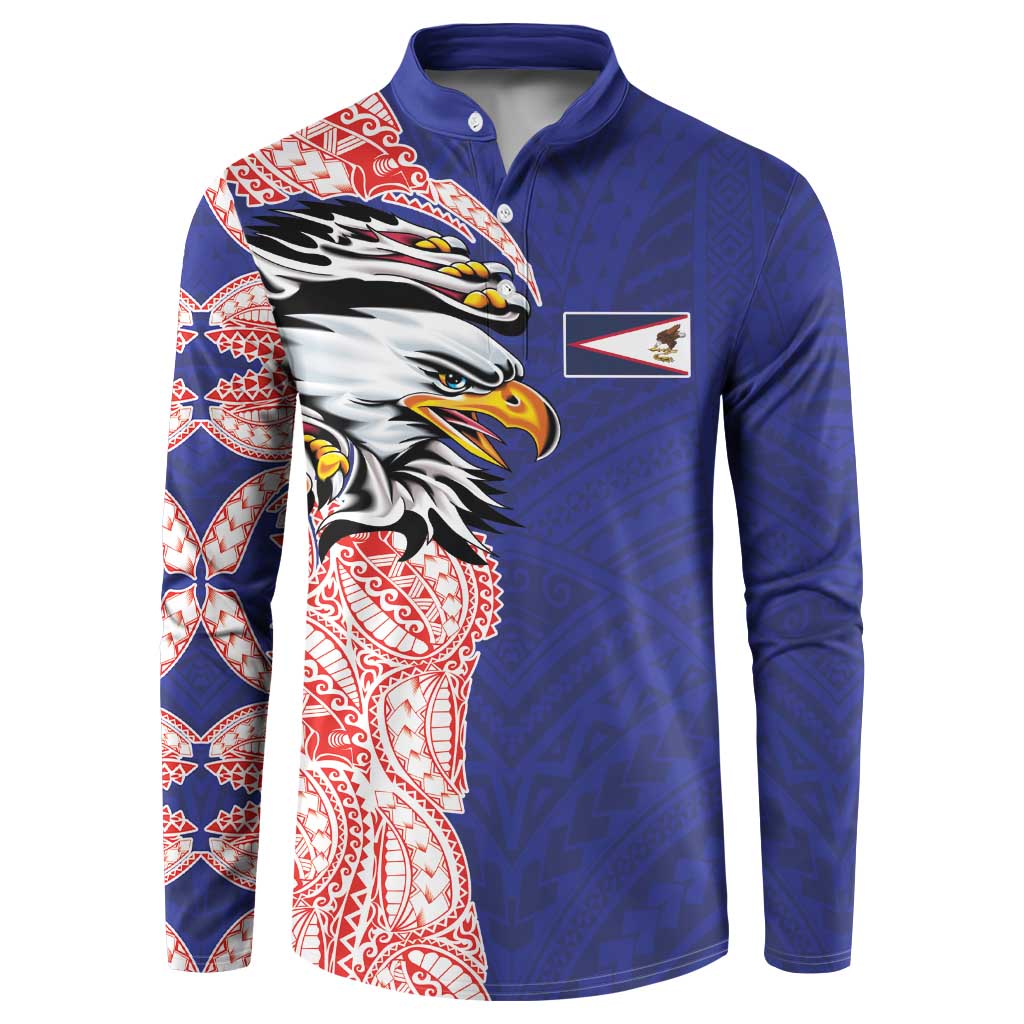 American Samoa Flag Day Button Sweatshirt Tribal Tattoo with Eagle Blue-Red
