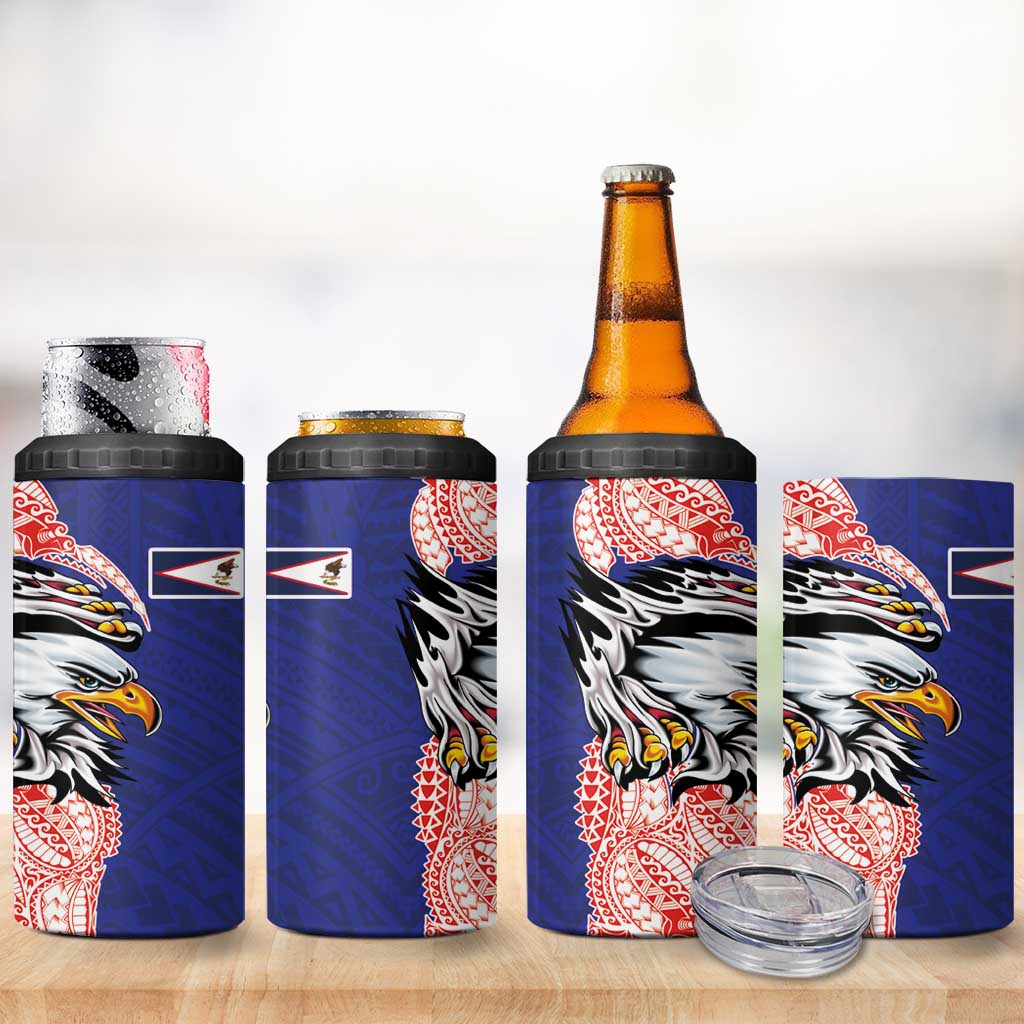American Samoa Flag Day 4 in 1 Can Cooler Tumbler Tribal Tattoo with Eagle Blue-Red