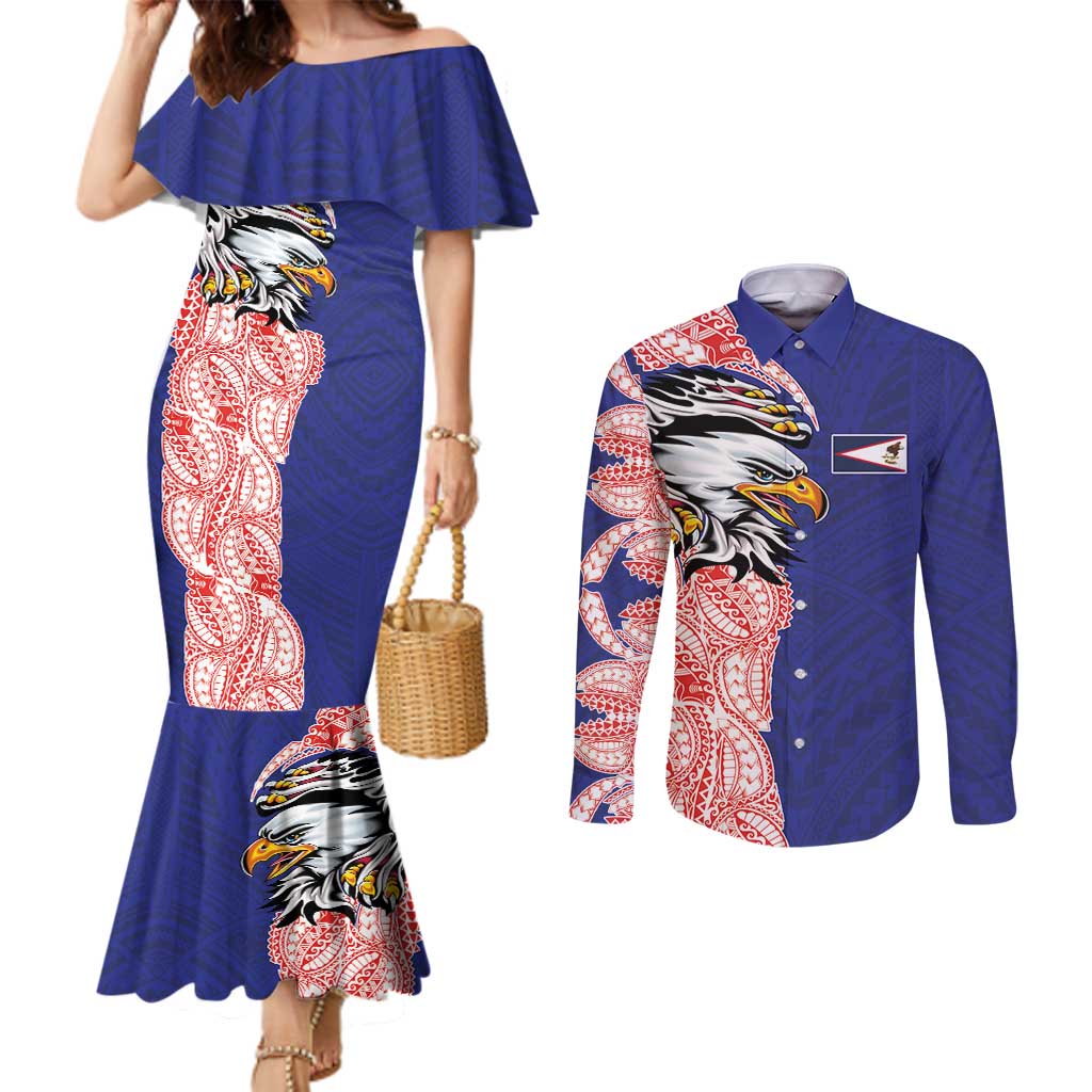 American Samoa Flag Day Couples Matching Mermaid Dress and Long Sleeve Button Shirt Tribal Tattoo with Eagle Blue-Red