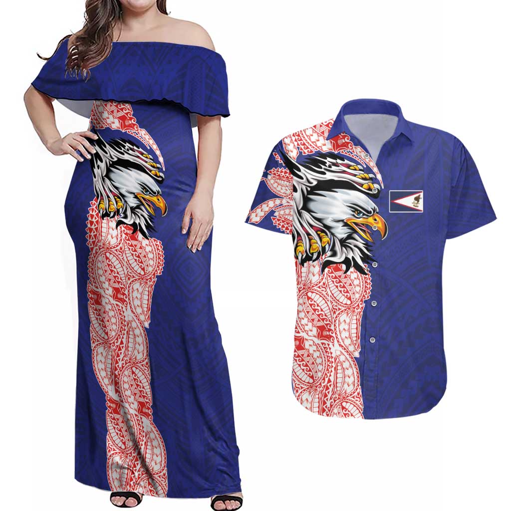 American Samoa Flag Day Couples Matching Off Shoulder Maxi Dress and Hawaiian Shirt Tribal Tattoo with Eagle Blue-Red