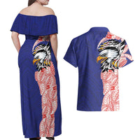 American Samoa Flag Day Couples Matching Off Shoulder Maxi Dress and Hawaiian Shirt Tribal Tattoo with Eagle Blue-Red