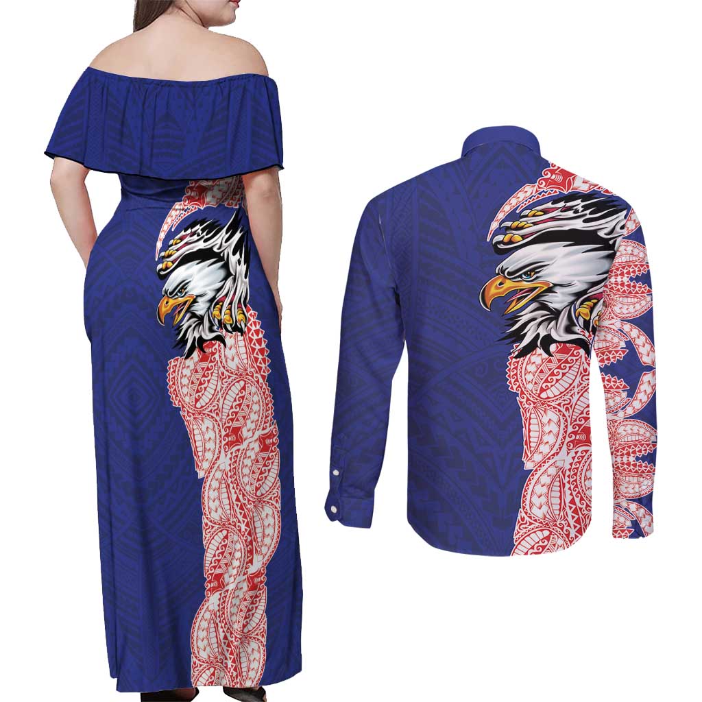 American Samoa Flag Day Couples Matching Off Shoulder Maxi Dress and Long Sleeve Button Shirt Tribal Tattoo with Eagle Blue-Red