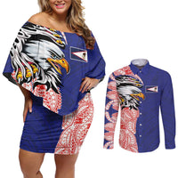American Samoa Flag Day Couples Matching Off Shoulder Short Dress and Long Sleeve Button Shirt Tribal Tattoo with Eagle Blue-Red