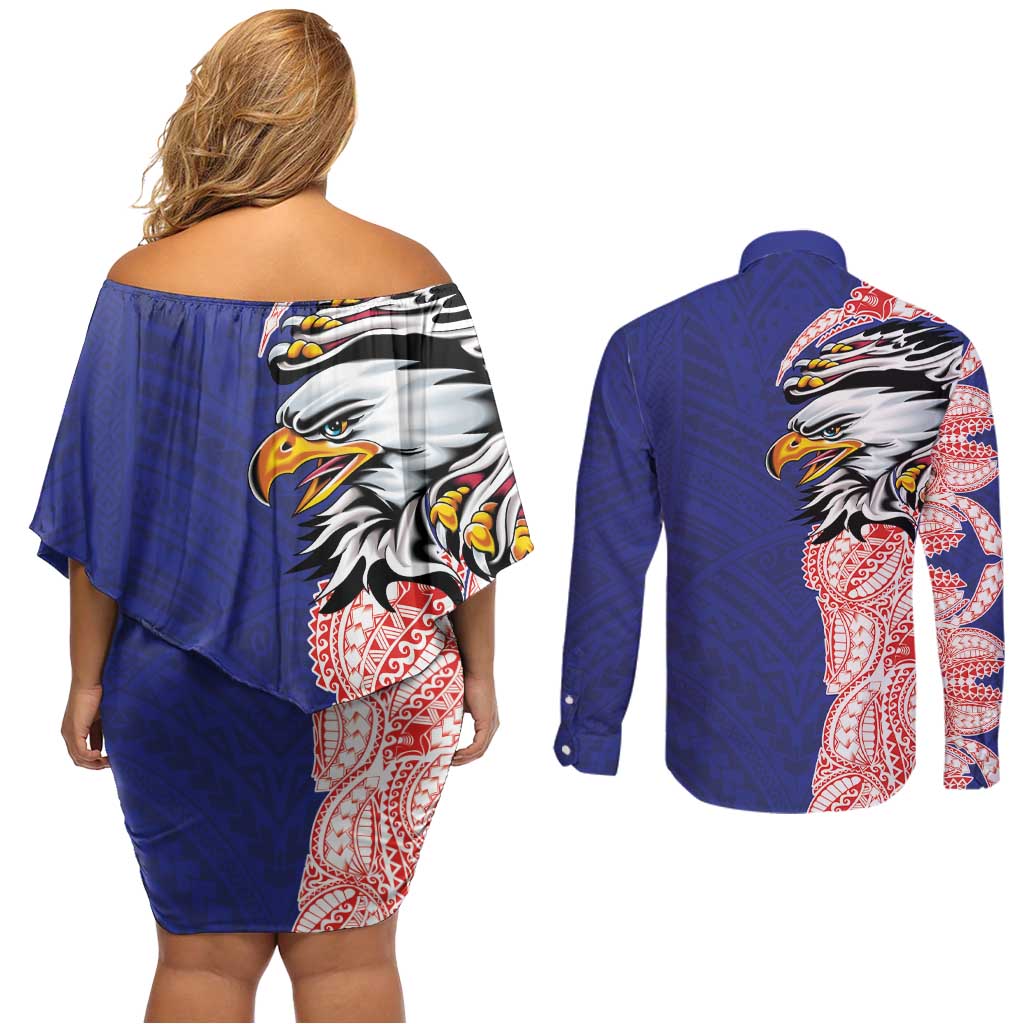 American Samoa Flag Day Couples Matching Off Shoulder Short Dress and Long Sleeve Button Shirt Tribal Tattoo with Eagle Blue-Red