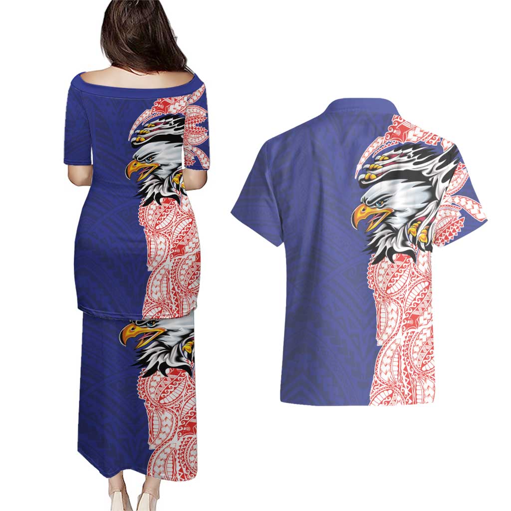 American Samoa Flag Day Couples Matching Puletasi and Hawaiian Shirt Tribal Tattoo with Eagle Blue-Red