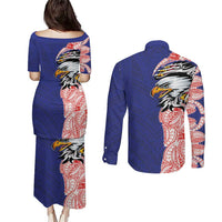 American Samoa Flag Day Couples Matching Puletasi and Long Sleeve Button Shirt Tribal Tattoo with Eagle Blue-Red