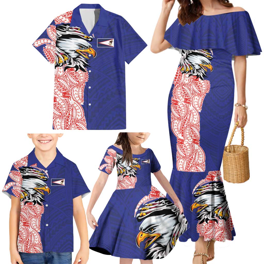 American Samoa Flag Day Family Matching Mermaid Dress and Hawaiian Shirt Tribal Tattoo with Eagle Blue-Red LT03 - Polynesian Pride