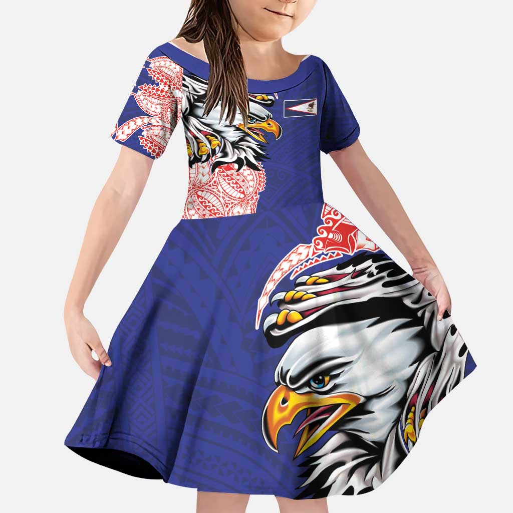 American Samoa Flag Day Family Matching Off The Shoulder Long Sleeve Dress and Hawaiian Shirt Tribal Tattoo with Eagle Blue-Red LT03 Daughter's Dress Blue - Polynesian Pride