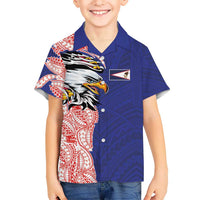 American Samoa Flag Day Family Matching Off The Shoulder Long Sleeve Dress and Hawaiian Shirt Tribal Tattoo with Eagle Blue-Red LT03 Son's Shirt Blue - Polynesian Pride