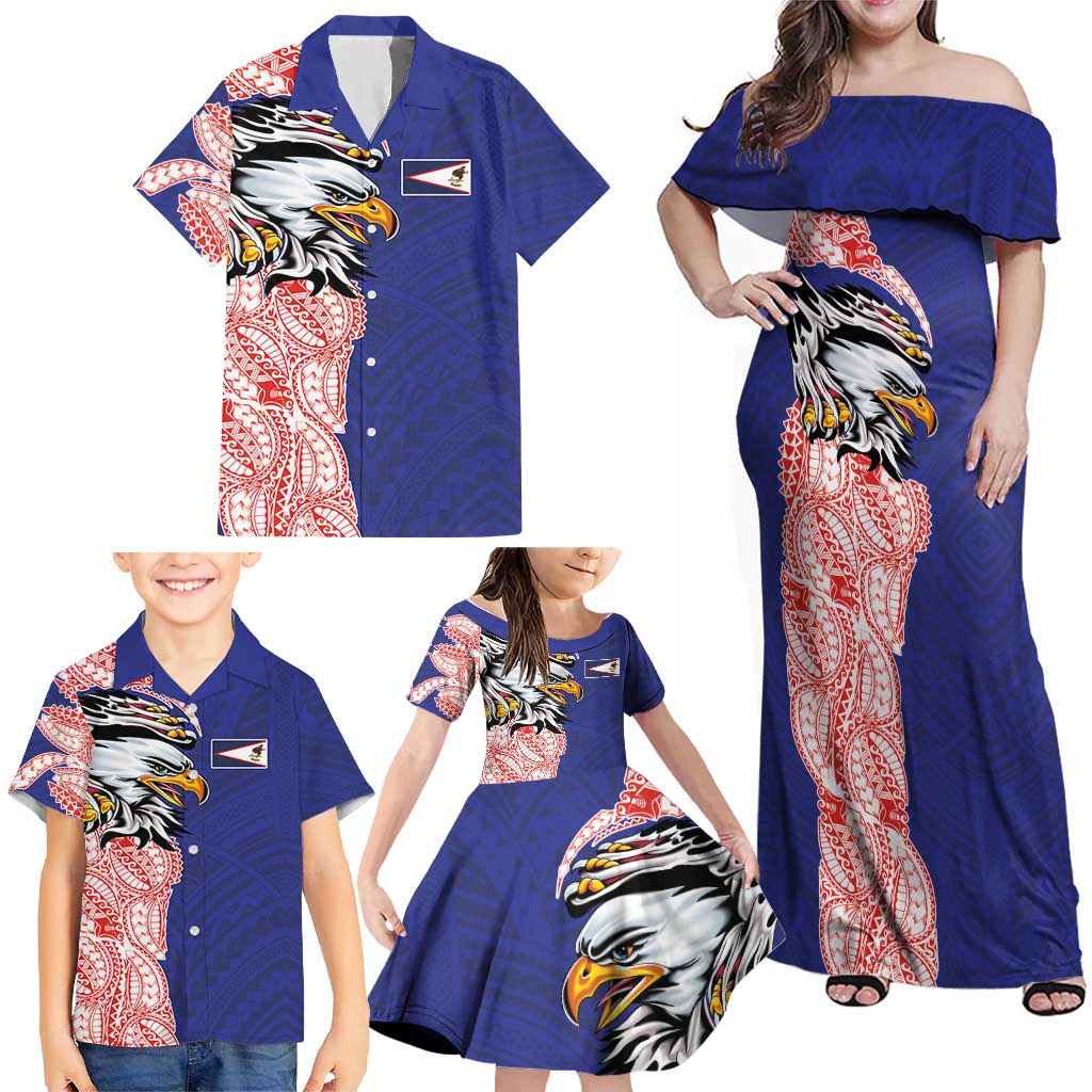 American Samoa Flag Day Family Matching Off Shoulder Maxi Dress and Hawaiian Shirt Tribal Tattoo with Eagle Blue-Red LT03 - Polynesian Pride