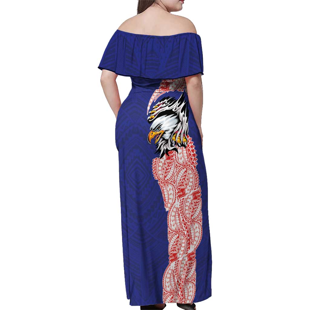 American Samoa Flag Day Family Matching Off Shoulder Maxi Dress and Hawaiian Shirt Tribal Tattoo with Eagle Blue-Red LT03 - Polynesian Pride