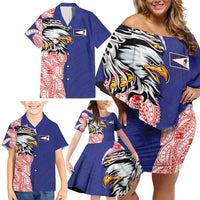 American Samoa Flag Day Family Matching Off Shoulder Short Dress and Hawaiian Shirt Tribal Tattoo with Eagle Blue-Red LT03 - Polynesian Pride