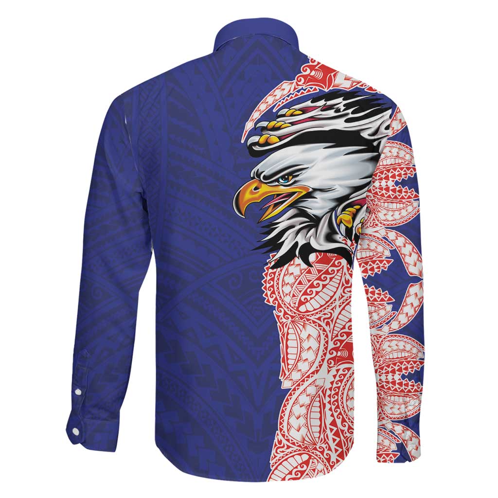 American Samoa Flag Day Family Matching Off Shoulder Short Dress and Hawaiian Shirt Tribal Tattoo with Eagle Blue-Red LT03 - Polynesian Pride