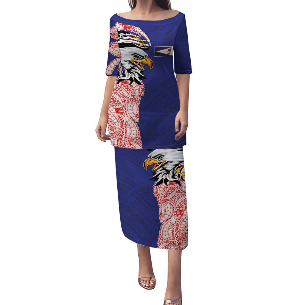 American Samoa Flag Day Family Matching Puletasi and Hawaiian Shirt Tribal Tattoo with Eagle Blue-Red