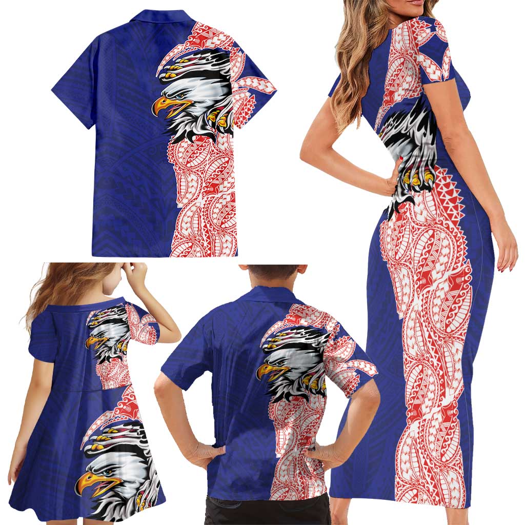 American Samoa Flag Day Family Matching Short Sleeve Bodycon Dress and Hawaiian Shirt Tribal Tattoo with Eagle Blue-Red LT03 - Polynesian Pride