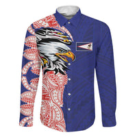 American Samoa Flag Day Family Matching Short Sleeve Bodycon Dress and Hawaiian Shirt Tribal Tattoo with Eagle Blue-Red LT03 Dad's Shirt - Long Sleeve Blue - Polynesian Pride