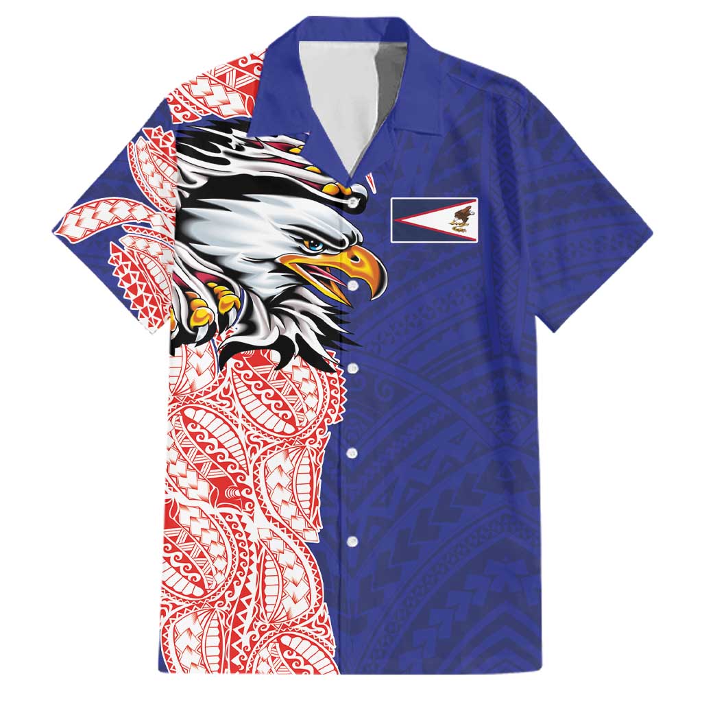 American Samoa Flag Day Family Matching Summer Maxi Dress and Hawaiian Shirt Tribal Tattoo with Eagle Blue-Red LT03 Dad's Shirt - Short Sleeve Blue - Polynesian Pride