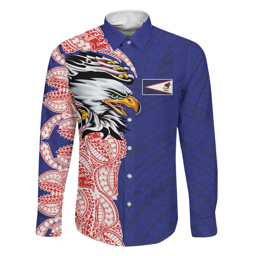 American Samoa Flag Day Family Matching Summer Maxi Dress and Hawaiian Shirt Tribal Tattoo with Eagle Blue-Red LT03 Dad's Shirt - Long Sleeve Blue - Polynesian Pride