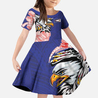 American Samoa Flag Day Kid Short Sleeve Dress Tribal Tattoo with Eagle Blue-Red