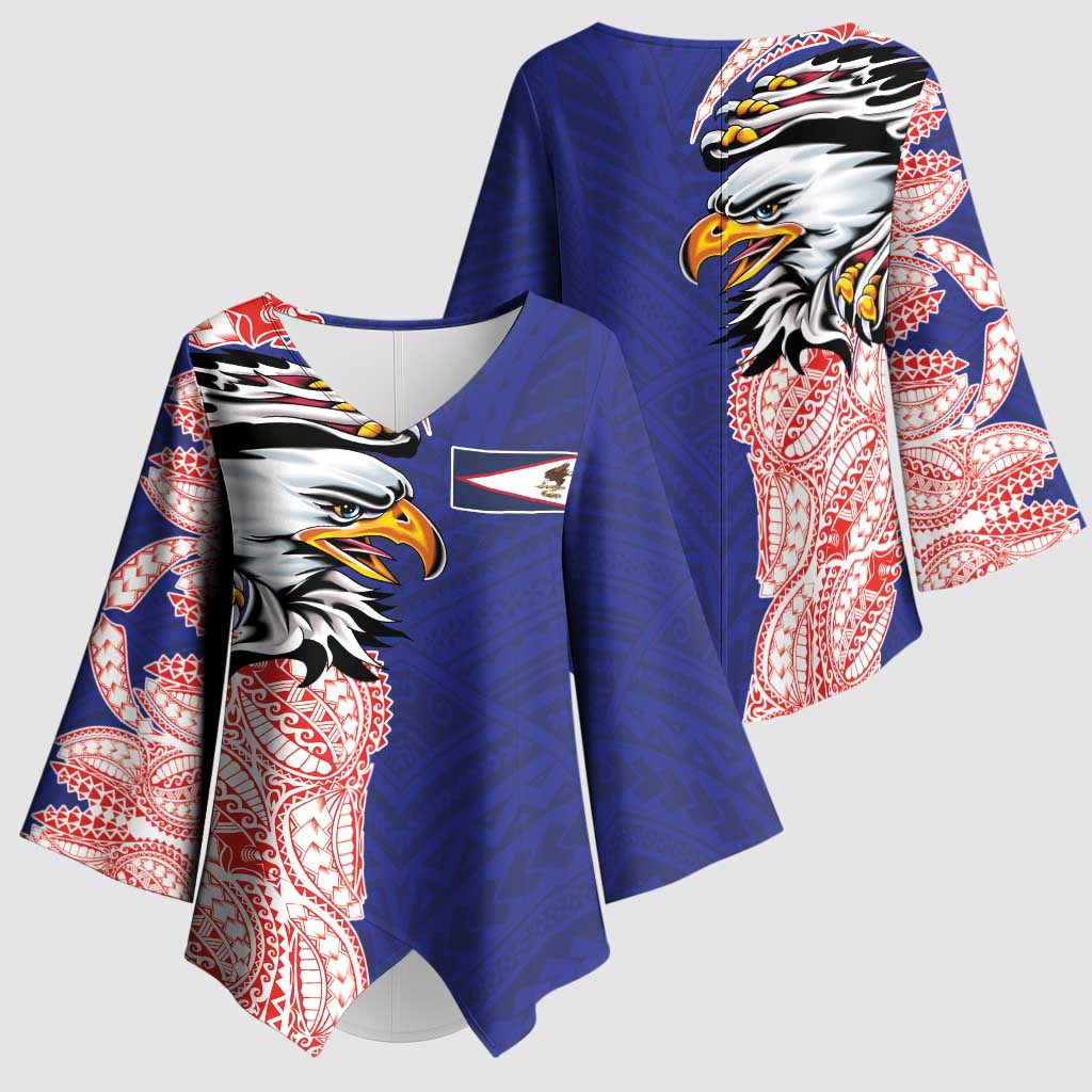American Samoa Flag Day Kimono Sleeve Blouse Tribal Tattoo with Eagle Blue-Red