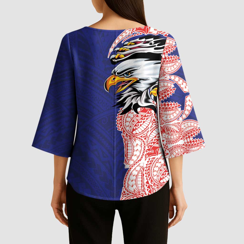 American Samoa Flag Day Kimono Sleeve Blouse Tribal Tattoo with Eagle Blue-Red
