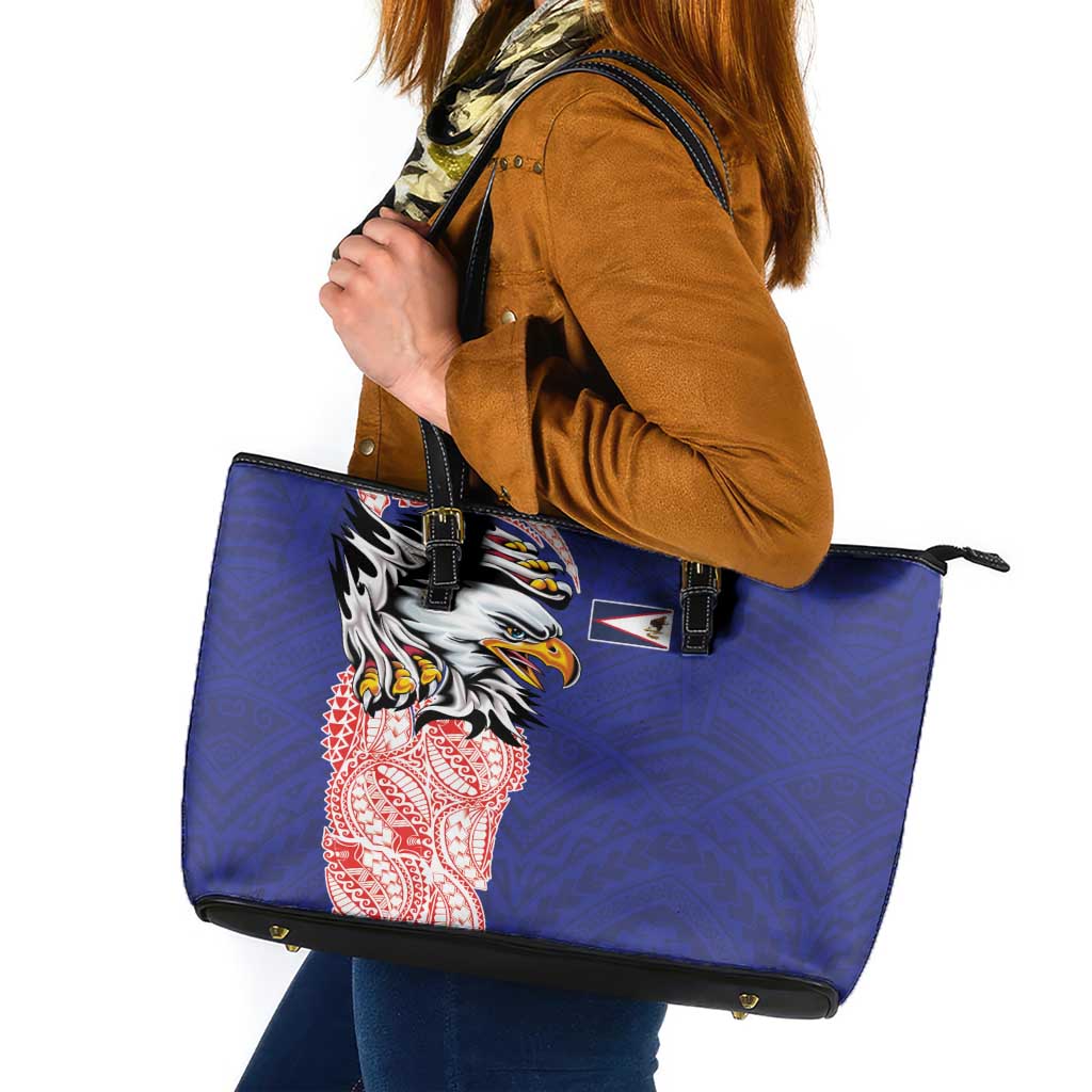 American Samoa Flag Day Leather Tote Bag Tribal Tattoo with Eagle Blue-Red