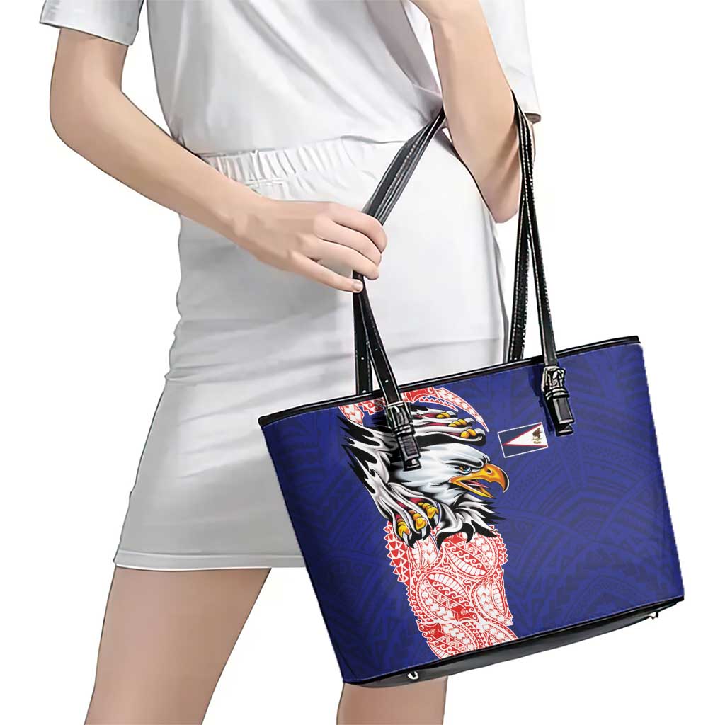 American Samoa Flag Day Leather Tote Bag Tribal Tattoo with Eagle Blue-Red