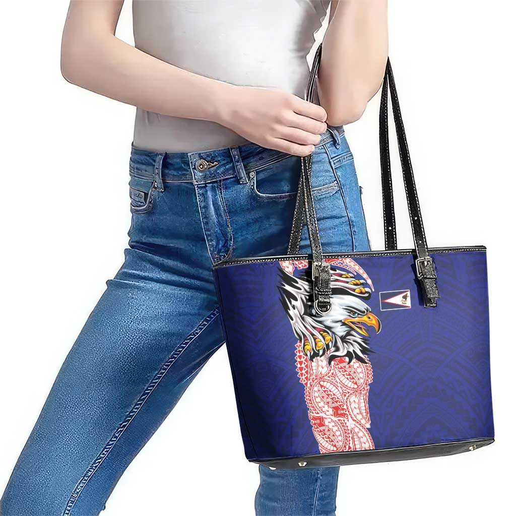 American Samoa Flag Day Leather Tote Bag Tribal Tattoo with Eagle Blue-Red