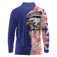 American Samoa Flag Day Long Sleeve Polo Shirt Tribal Tattoo with Eagle Blue-Red