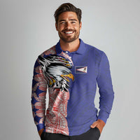 American Samoa Flag Day Long Sleeve Polo Shirt Tribal Tattoo with Eagle Blue-Red