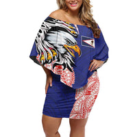 American Samoa Flag Day Off Shoulder Short Dress Tribal Tattoo with Eagle Blue-Red