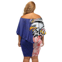 American Samoa Flag Day Off Shoulder Short Dress Tribal Tattoo with Eagle Blue-Red