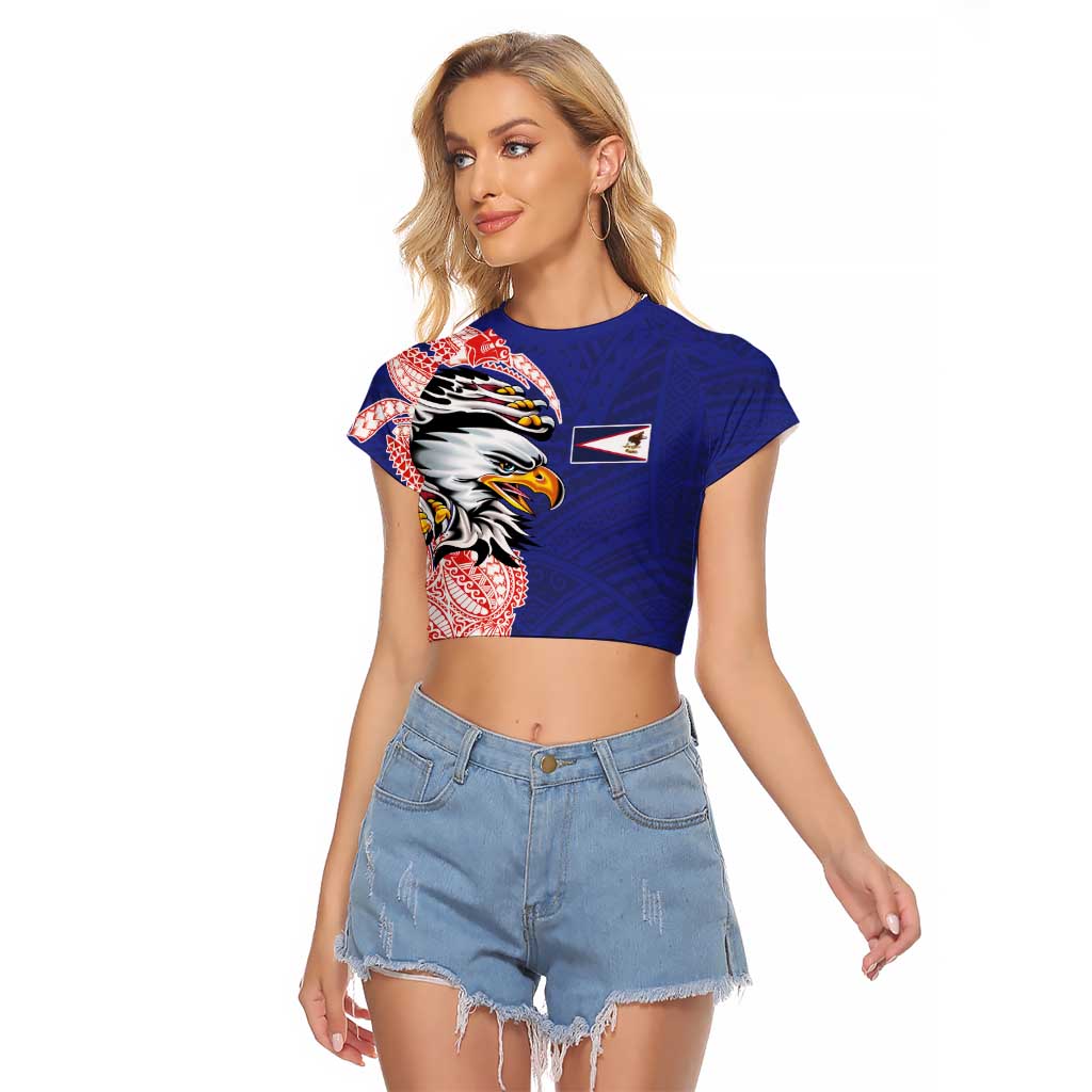 American Samoa Flag Day Raglan Cropped T Shirt Tribal Tattoo with Eagle Blue-Red