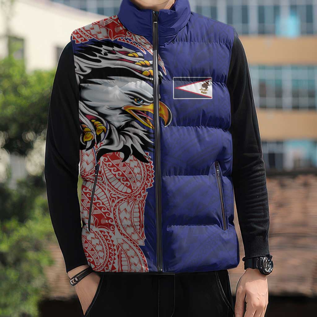 American Samoa Flag Day Sleeveless Puffer Jacket Tribal Tattoo with Eagle Blue-Red
