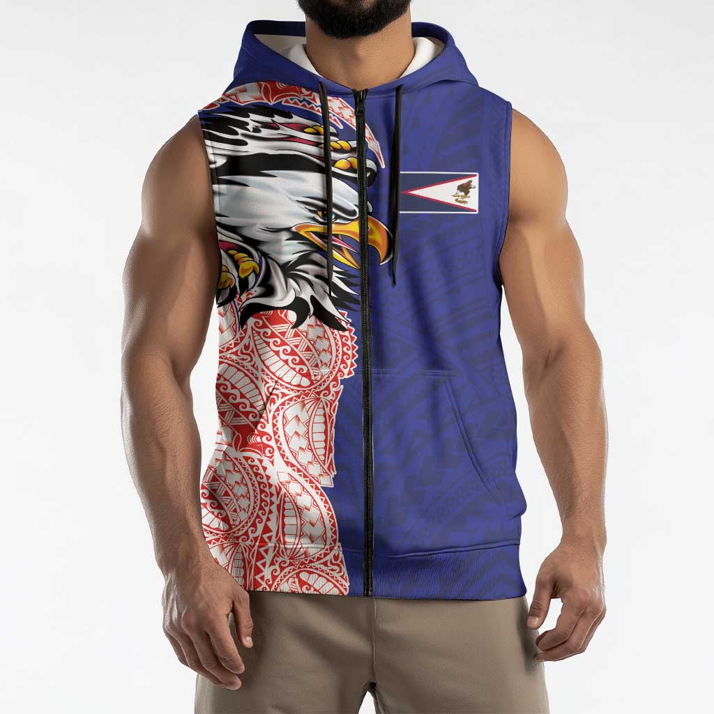 American Samoa Flag Day Sleeveless Zip Hoodie Tribal Tattoo with Eagle Blue-Red