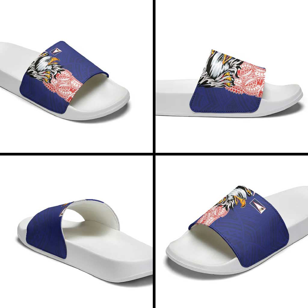American Samoa Flag Day Slide Sandals Tribal Tattoo with Eagle Blue-Red