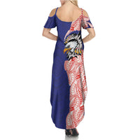 American Samoa Flag Day Summer Maxi Dress Tribal Tattoo with Eagle Blue-Red