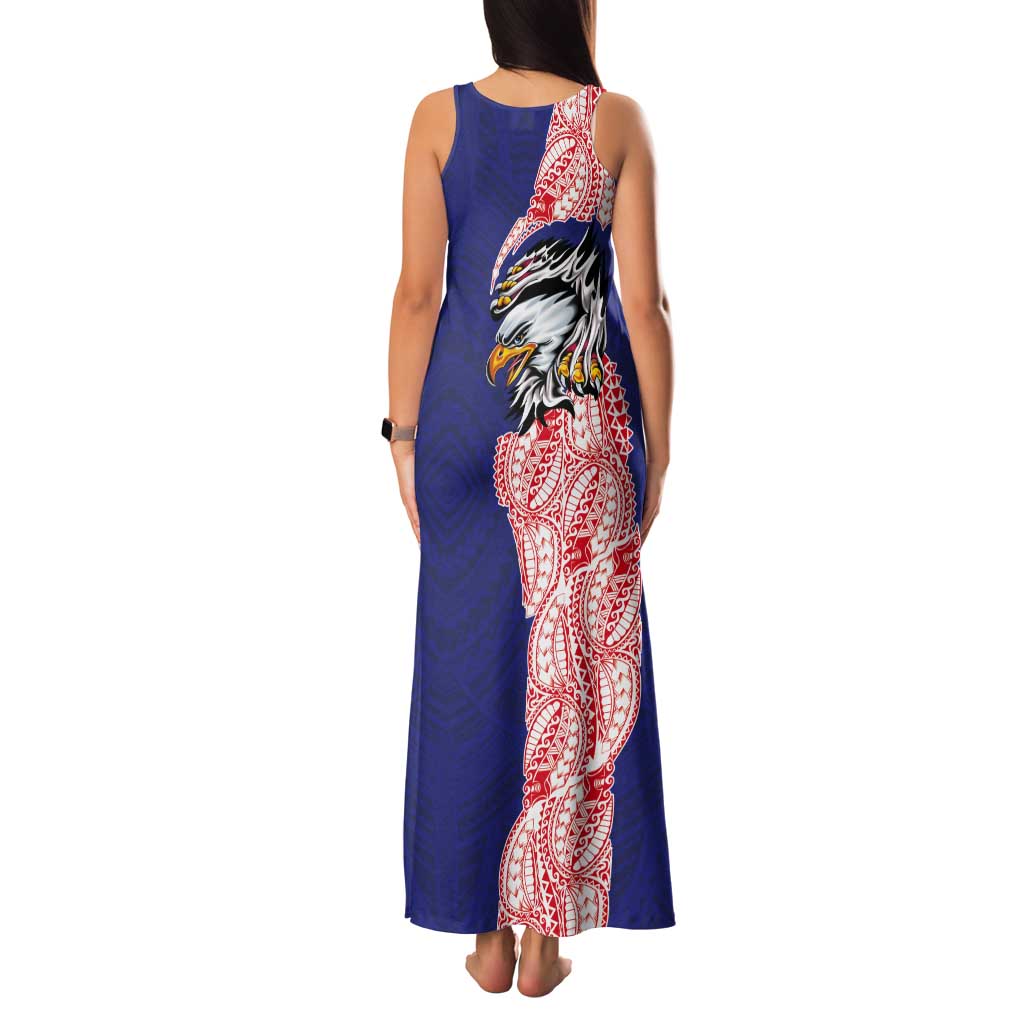 American Samoa Flag Day Tank Maxi Dress Tribal Tattoo with Eagle Blue-Red