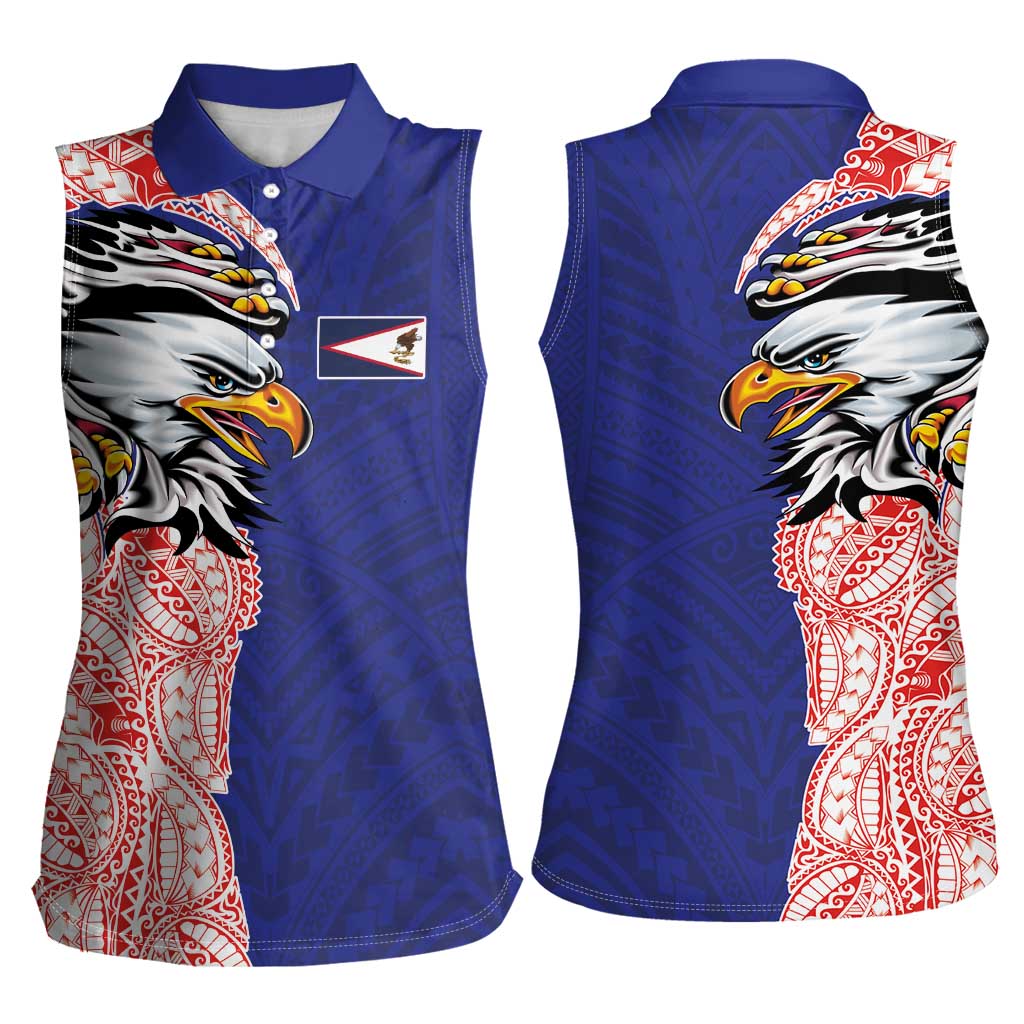 American Samoa Flag Day Women Sleeveless Polo Shirt Tribal Tattoo with Eagle Blue-Red