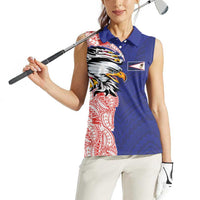 American Samoa Flag Day Women Sleeveless Polo Shirt Tribal Tattoo with Eagle Blue-Red