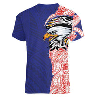 American Samoa Flag Day Women V-Neck T-Shirt Tribal Tattoo with Eagle Blue-Red