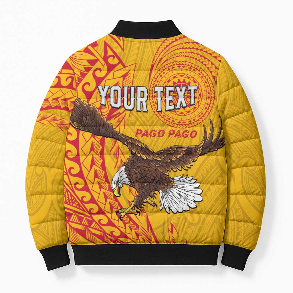 Personalised American Samoa Flag Day Bomber Puffer Jacket Fautasi Race Pago Pago-Aeto Eagle Wings Tribal Style