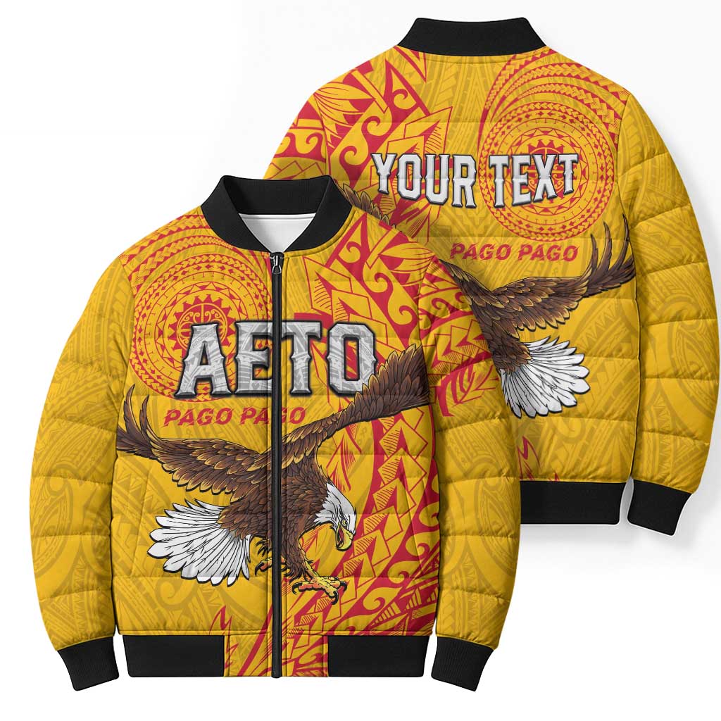 Personalised American Samoa Flag Day Bomber Puffer Jacket Fautasi Race Pago Pago-Aeto Eagle Wings Tribal Style