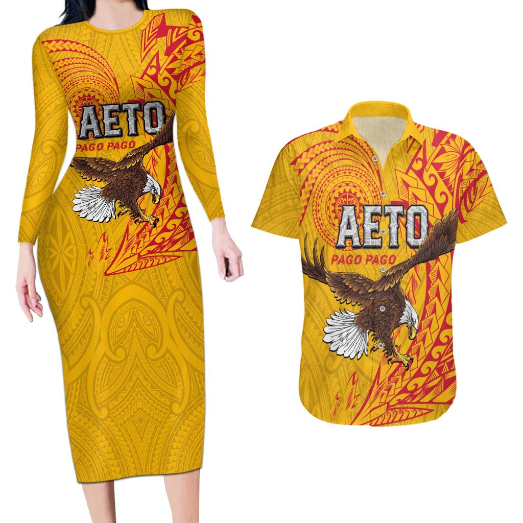 Personalised American Samoa Flag Day Couples Matching Long Sleeve Bodycon Dress and Hawaiian Shirt Fautasi Race Pago Pago-Aeto Eagle Wings Tribal Style LT03 Multicolor - Polynesian Pride